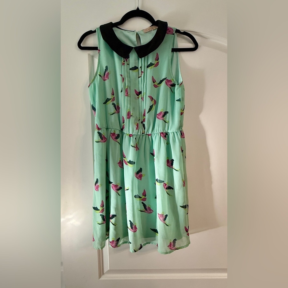 Fun2Fun Bird Print Dress‎ Womens Small Mint Green Mod Peter Pan Collar Retro